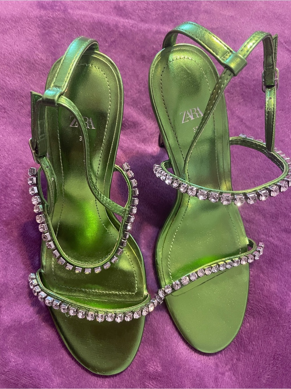 Zara Metallic Green Crystal-Strap Women's Sandals